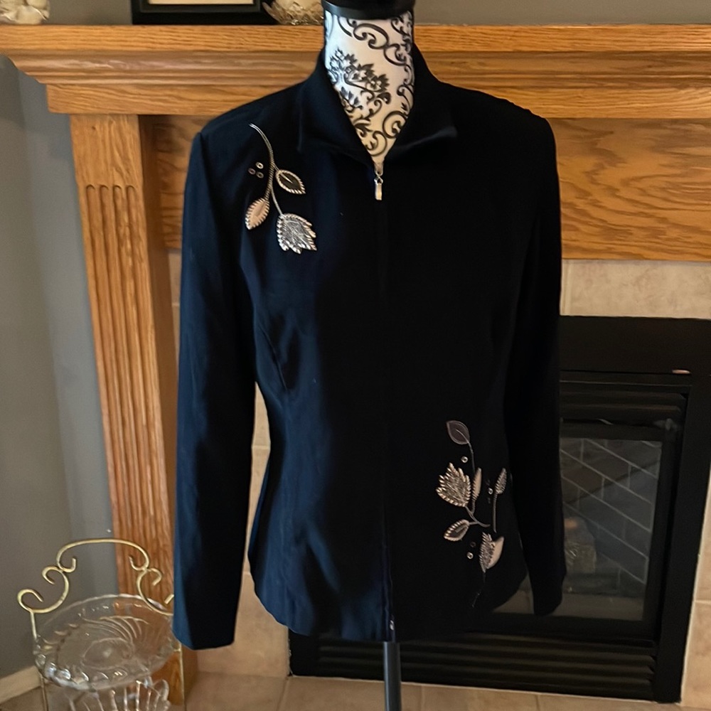 💗3/$12💗 Studio I Zip Up Jacket With Floral Appliqué Detail